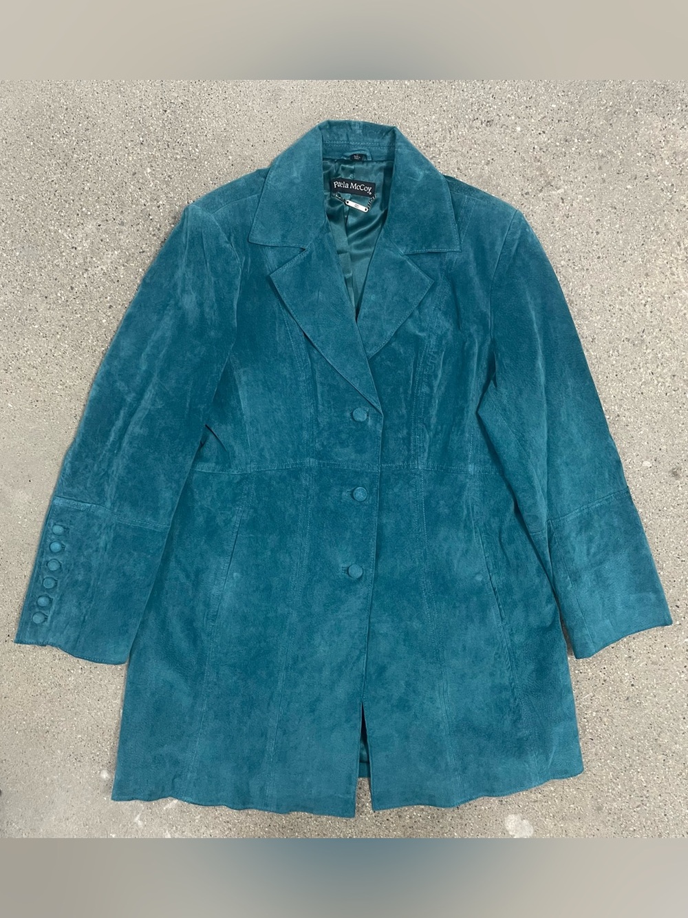 Longer Length Vintage 90’s Pamela McCoy Teal Leather Blazer Jacket size 1X
